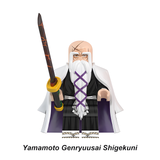 Load image into Gallery viewer, Genryusai Shigekuni Yamamoto custom brick minifigure from Bleach, with a white beard, white captain's coat and sword.