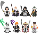 Load image into Gallery viewer, LEGO-compatible Bleach custom minifigure set showing eight characters, including Ichigo Kurosaki, Aizen and Yamamoto.