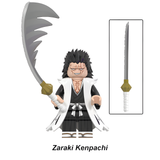 Load image into Gallery viewer, Kenpachi Zaraki custom brick minifigure from Bleach, with spiked black hair, white captain's coat and a large curved sword.