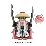 Load image into Gallery viewer, Shunsui Kyoraku custom brick minifigure from Bleach, with a straw hat, pink patterned haori and paired swords.