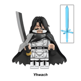 Load image into Gallery viewer, Yhwach custom brick minifigure from Bleach, with long black hair, a black cape and broad sword.