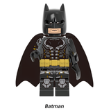 Load image into Gallery viewer, Batman armored-suit variant custom brick minifigure from DC Justice League, with a black cowl, cape and gold utility belt.