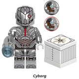 Load image into Gallery viewer, Cyborg custom brick minifigure from DC Justice League, with silver armor, a red eye and a white Mother Box accessory.