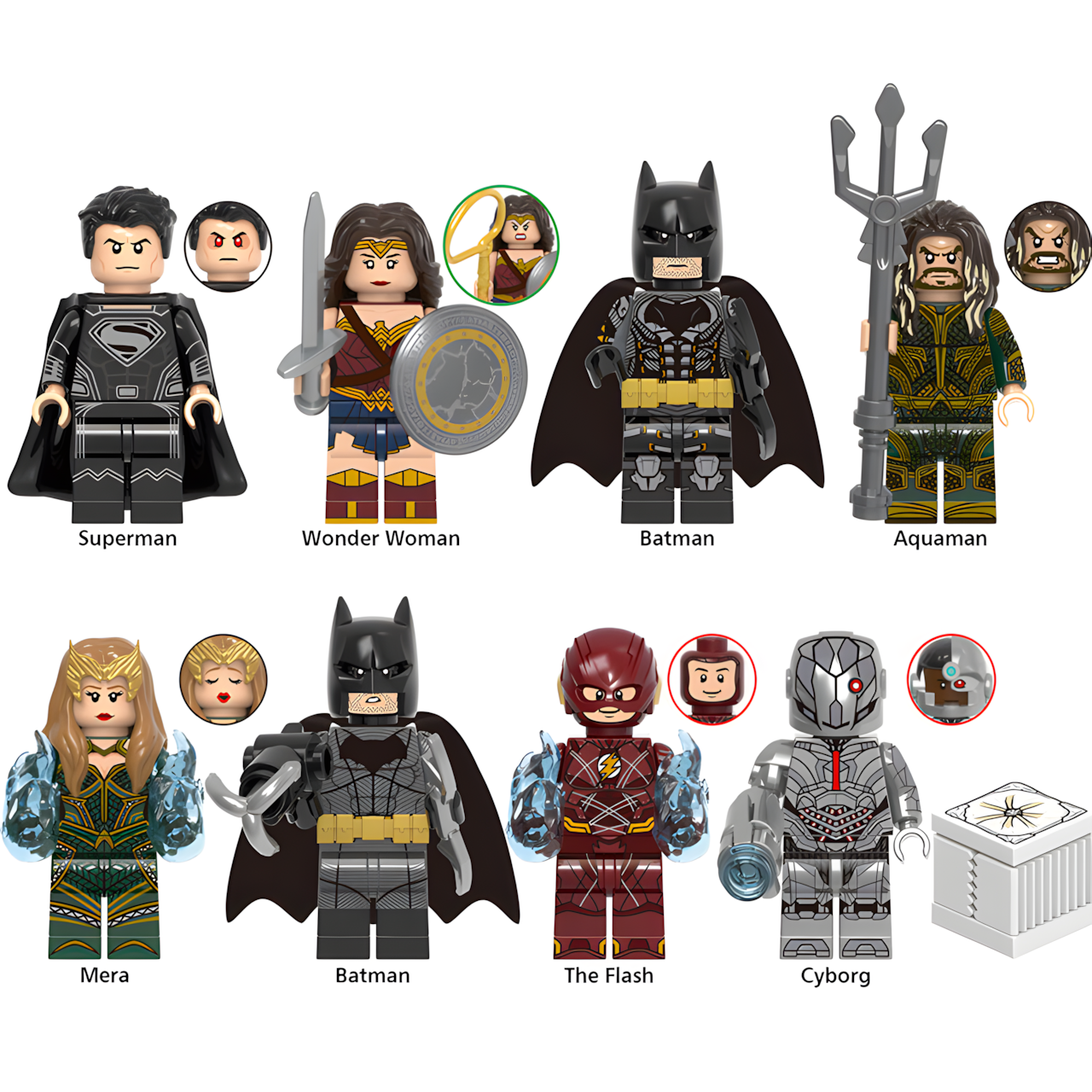 LEGO-compatible DC Justice League custom minifigure set showing eight figures, including Batman variants and black-suit Superman.