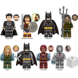 Load image into Gallery viewer, LEGO-compatible DC Justice League custom minifigure set showing eight figures, including Batman variants and black-suit Superman.
