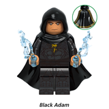 Load image into Gallery viewer, Black Adam hooded custom brick minifigure from DC Justice Society, with a black hood, cape and blue lightning effects.