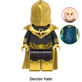 Load image into Gallery viewer, Doctor Fate custom brick minifigure from DC Justice Society, with a gold helmet and black-and-gold costume.