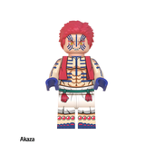 Load image into Gallery viewer, Akaza custom brick minifigure from Demon Slayer, with pink hair, blue body markings and patterned trousers.