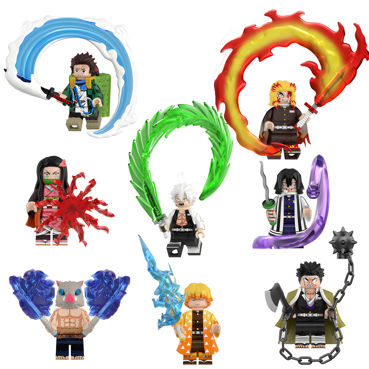 LEGO-compatible Demon Slayer custom minifigure set featuring eight characters with Water, Flame, Wind, Serpent and other breathing-effect accessories.