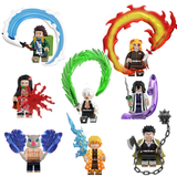 Load image into Gallery viewer, LEGO-compatible Demon Slayer custom minifigure set featuring eight characters with Water, Flame, Wind, Serpent and other breathing-effect accessories.