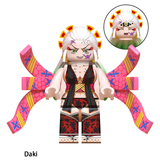 Load image into Gallery viewer, Daki custom brick minifigure from Demon Slayer, with white hair and pink patterned obi sash accessories.
