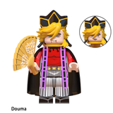 Load image into Gallery viewer, Doma custom brick minifigure from Demon Slayer, with blond hair, a black cape and gold-colored fan.