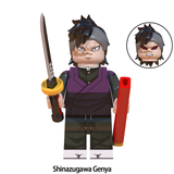 Load image into Gallery viewer, Genya Shinazugawa custom brick minifigure from Demon Slayer, with a facial scar, purple vest, sword and red scabbard.