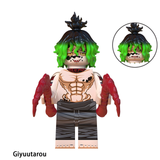 Load image into Gallery viewer, Gyutaro custom brick minifigure from Demon Slayer, with green-and-black hair and paired red sickles.