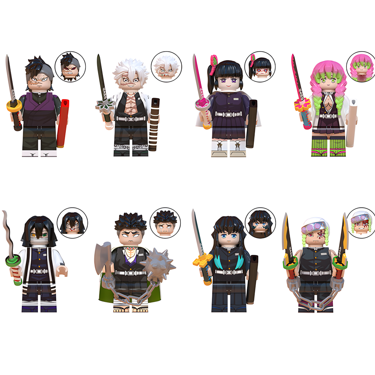 LEGO-compatible Demon Slayer custom minifigure set showing six Hashira alongside Genya and Kanao.