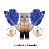 Load image into Gallery viewer, Inosuke Hashibira Beast Breathing custom brick minifigure from Demon Slayer, with a boar mask, paired swords and blue beast-shaped effects.