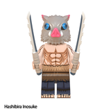 Load image into Gallery viewer, Inosuke Hashibira custom brick minifigure from Demon Slayer, with a boar mask, bare torso and paired serrated swords.