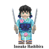 Load image into Gallery viewer, Inosuke Hashibira kimono variant custom brick minifigure from Demon Slayer, with a blue floral kimono, black hair and paired swords.