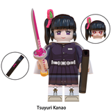 Load image into Gallery viewer, Kanao Tsuyuri custom brick minifigure from Demon Slayer, with a butterfly hair ornament, dark uniform and pink sword.