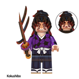 Load image into Gallery viewer, Kokushibo custom brick minifigure from Demon Slayer, with six eyes, purple clothing and a branching sword.