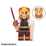 Load image into Gallery viewer, Kyojuro Rengoku custom brick minifigure from Demon Slayer, with flame-colored hair, white haori and red sword.