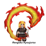 Load image into Gallery viewer, Kyojuro Rengoku Flame Breathing custom brick minifigure from Demon Slayer, with a sword and large red-and-yellow flame arc.