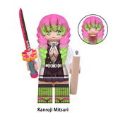 Load image into Gallery viewer, Mitsuri Kanroji custom brick minifigure from Demon Slayer, with pink-and-green hair and a pink sword.