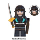 Load image into Gallery viewer, Muichiro Tokito custom brick minifigure from Demon Slayer, with long black-and-turquoise hair and sword.