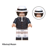 Load image into Gallery viewer, Muzan Kibutsuji custom brick minifigure from Demon Slayer, with a white fedora, black patterned jacket and white trousers.