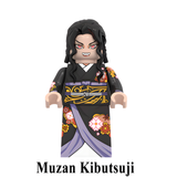 Load image into Gallery viewer, Muzan Kibutsuji kimono variant custom brick minifigure from Demon Slayer, with long black hair and a black floral kimono.