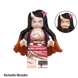Load image into Gallery viewer, Nezuko Kamado awakened demon form custom brick minifigure from Demon Slayer, with a forehead horn, vine markings and pink kimono.