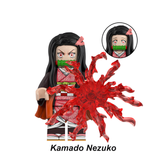 Load image into Gallery viewer, Nezuko Kamado Blood Demon Art custom brick minifigure from Demon Slayer, with a bamboo muzzle, pink kimono and red effect pieces.