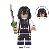 Load image into Gallery viewer, Obanai Iguro custom brick minifigure from Demon Slayer, with a striped haori, face bandages and wavy sword.