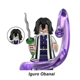 Load image into Gallery viewer, Obanai Iguro Serpent Breathing custom brick minifigure from Demon Slayer, with a striped haori, wavy sword and purple serpent effect.