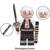 Load image into Gallery viewer, Sanemi Shinazugawa custom brick minifigure from Demon Slayer, with white hair, facial scars and open white haori.