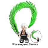Load image into Gallery viewer, Sanemi Shinazugawa Wind Breathing custom brick minifigure from Demon Slayer, with white hair, an open jacket and green wind arc.