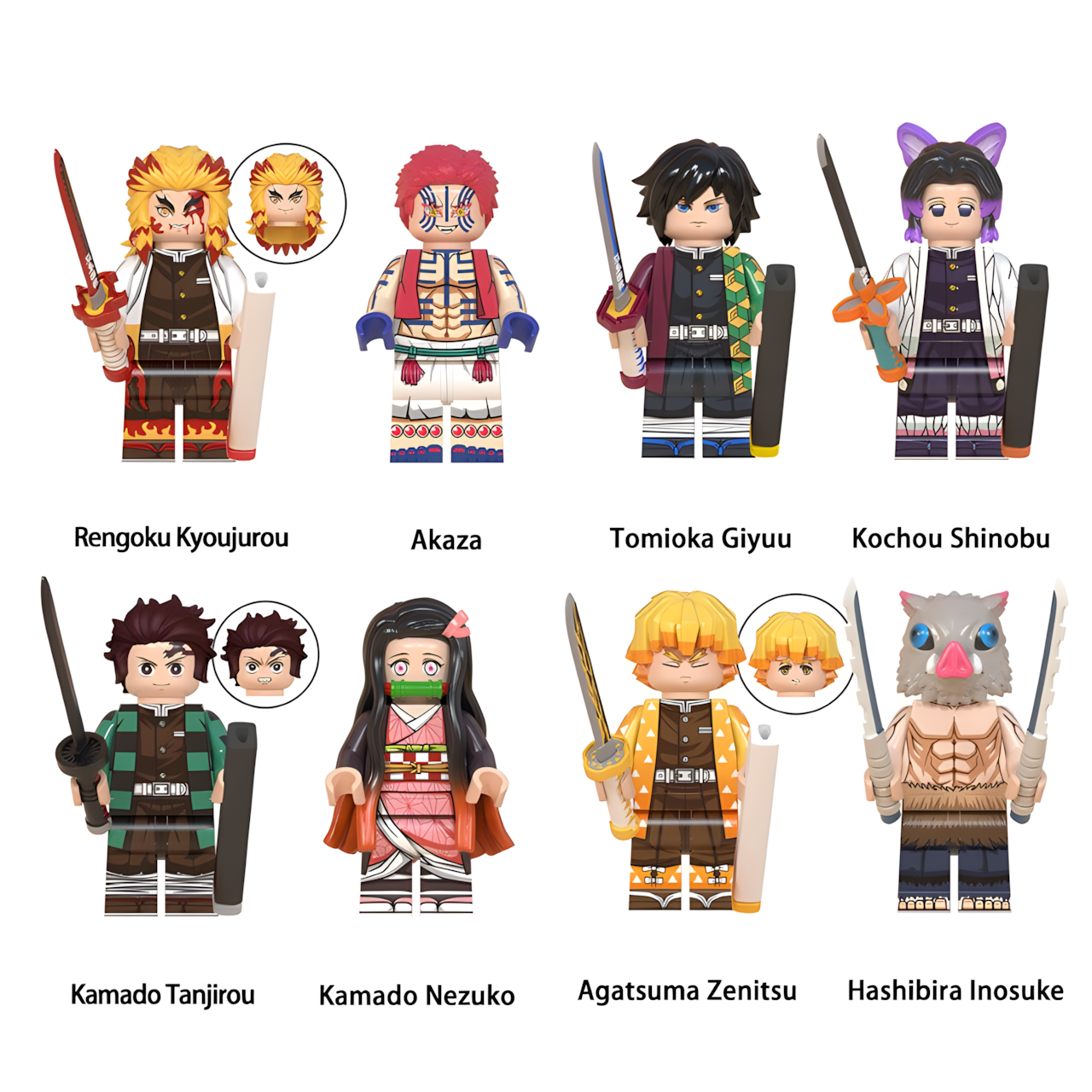 LEGO-compatible Demon Slayer custom minifigure set featuring Tanjiro, Nezuko, Zenitsu, Inosuke, Rengoku, Giyu, Shinobu and Akaza.