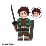 Load image into Gallery viewer, Tanjiro Kamado custom brick minifigure from Demon Slayer, with a green checkered haori, forehead scar and sword.