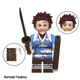 Load image into Gallery viewer, Tanjiro Kamado Final Selection outfit custom brick minifigure from Demon Slayer, with a blue cloud-patterned robe, sword and wooden box inset.