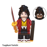 Load image into Gallery viewer, Yoriichi Tsugikuni custom brick minifigure from Demon Slayer, with dark red hair, red haori and sword.