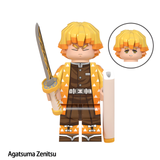 Load image into Gallery viewer, Zenitsu Agatsuma custom brick minifigure from Demon Slayer, with yellow hair, triangle-patterned haori and sword.