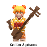 Load image into Gallery viewer, Zenitsu Agatsuma kimono variant custom brick minifigure from Demon Slayer, with yellow hair, patterned kimono and stringed instrument.
