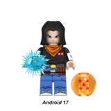 Load image into Gallery viewer, Android 17 custom brick minifigure from Dragon Ball, with black hair, an orange scarf and blue energy effect.
