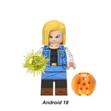 Load image into Gallery viewer, Android 18 custom brick minifigure from Dragon Ball, with blond hair, a blue jacket and yellow energy effect.