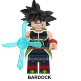 Load image into Gallery viewer, Bardock custom brick minifigure from Dragon Ball, with black hair, a red headband and turquoise energy effect.