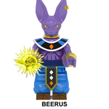 Load image into Gallery viewer, Beerus custom brick minifigure from Dragon Ball, with a purple cat-like head and yellow energy effect.