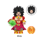 Load image into Gallery viewer, Broly black-haired variant custom brick minifigure from Dragon Ball, with long black hair, a red-fur torso and green energy effect.