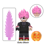 Load image into Gallery viewer, Goku Black Super Saiyan Rose custom brick minifigure from Dragon Ball, with pink hair, a dark gi and purple energy blade.
