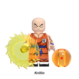 Load image into Gallery viewer, Krillin custom brick minifigure from Dragon Ball, with a shaved head, orange gi and yellow energy effects.