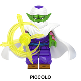 Load image into Gallery viewer, Piccolo custom brick minifigure from Dragon Ball, with green skin, a white turban, white cape and yellow energy effect.